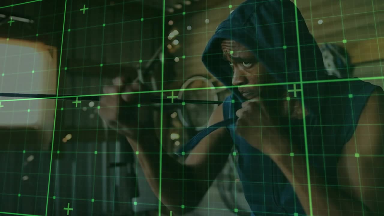 Male boxer raising guard, executing jabs and hooks in gym, HUD grid tracking technique for training