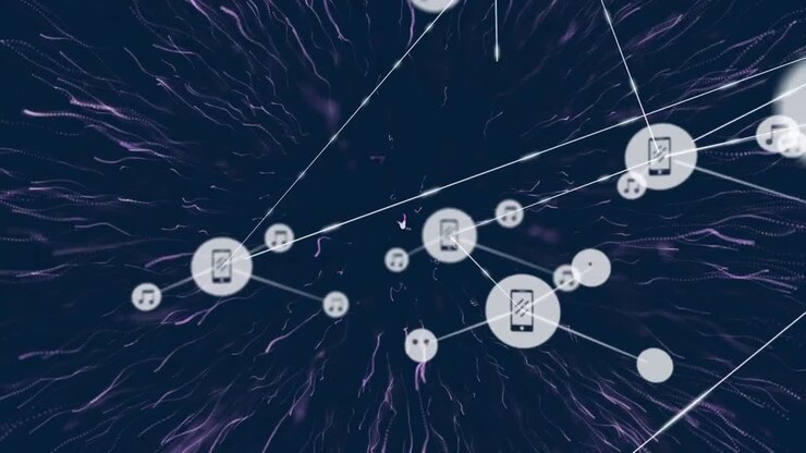 Animation af et forbindelsesnetværk med digitale ikoner over en lilla eksplosion