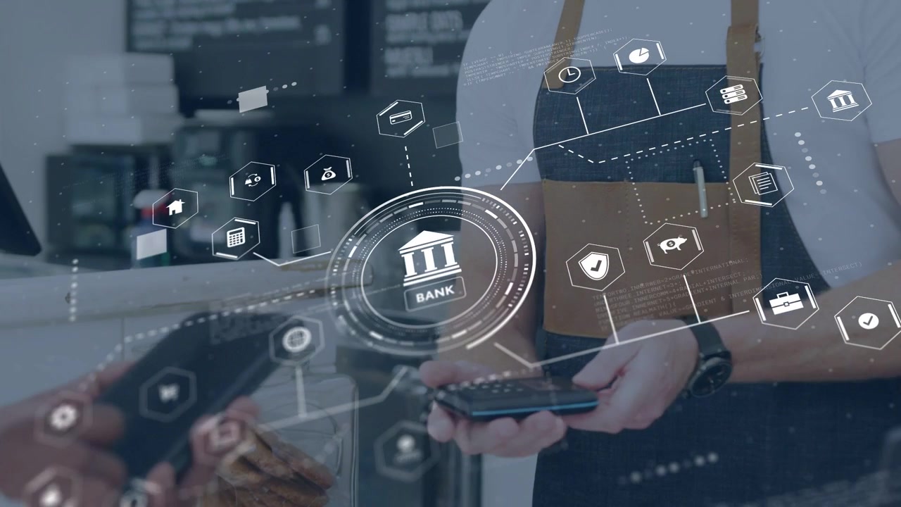 Barista tapping phone, customer extending terminal at cafe, banking overlay confirming payment