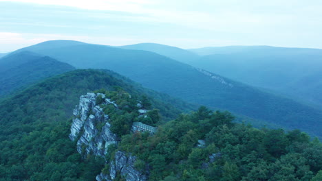 An-aerial-shot-of-Big-Schloss,-Great-North-Mountain-and-the-Trout-Run-Valley-at-dawn-in-the-summer,-located-on-the-Virginia-West-Virginia-Border