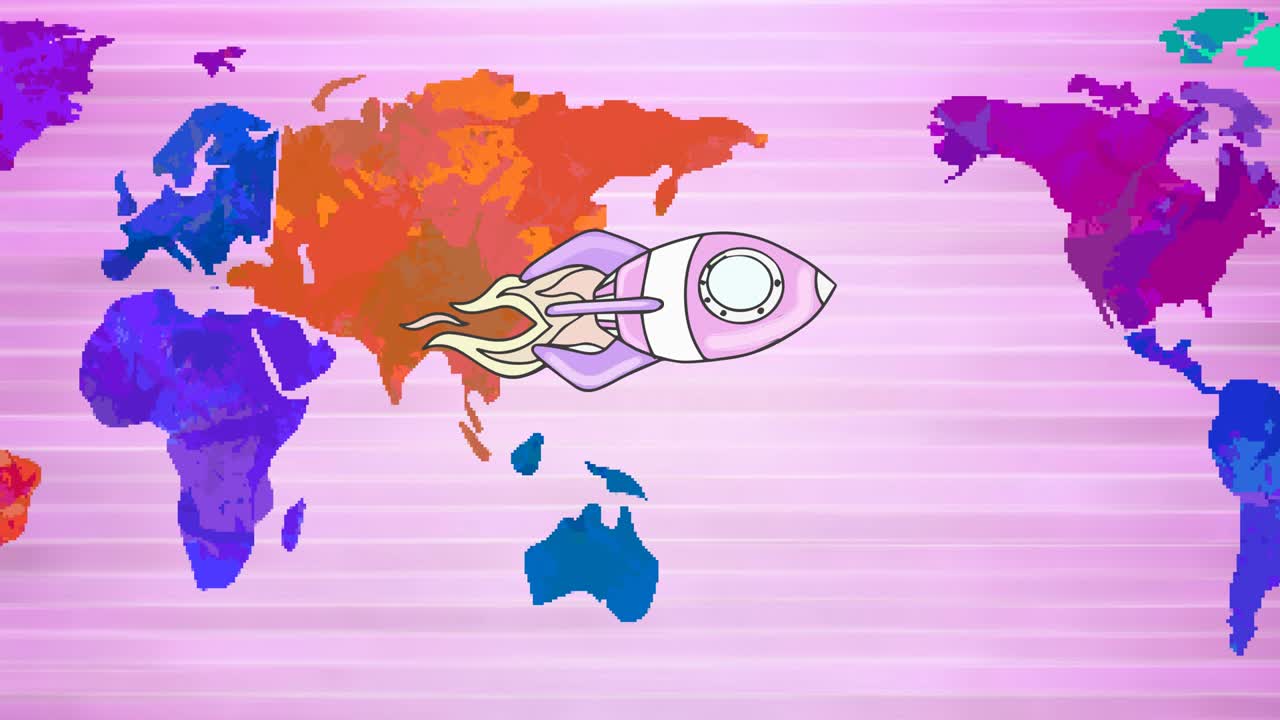 Animation of space rocket flying over multi coloured world map on pink background