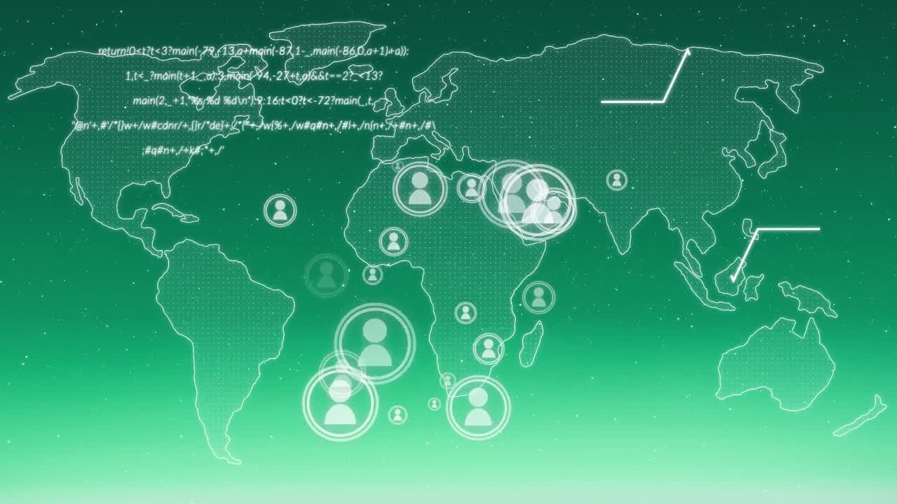 녹색 배경에 있는 세계 지도 위의 데이터 처리 애니메이션