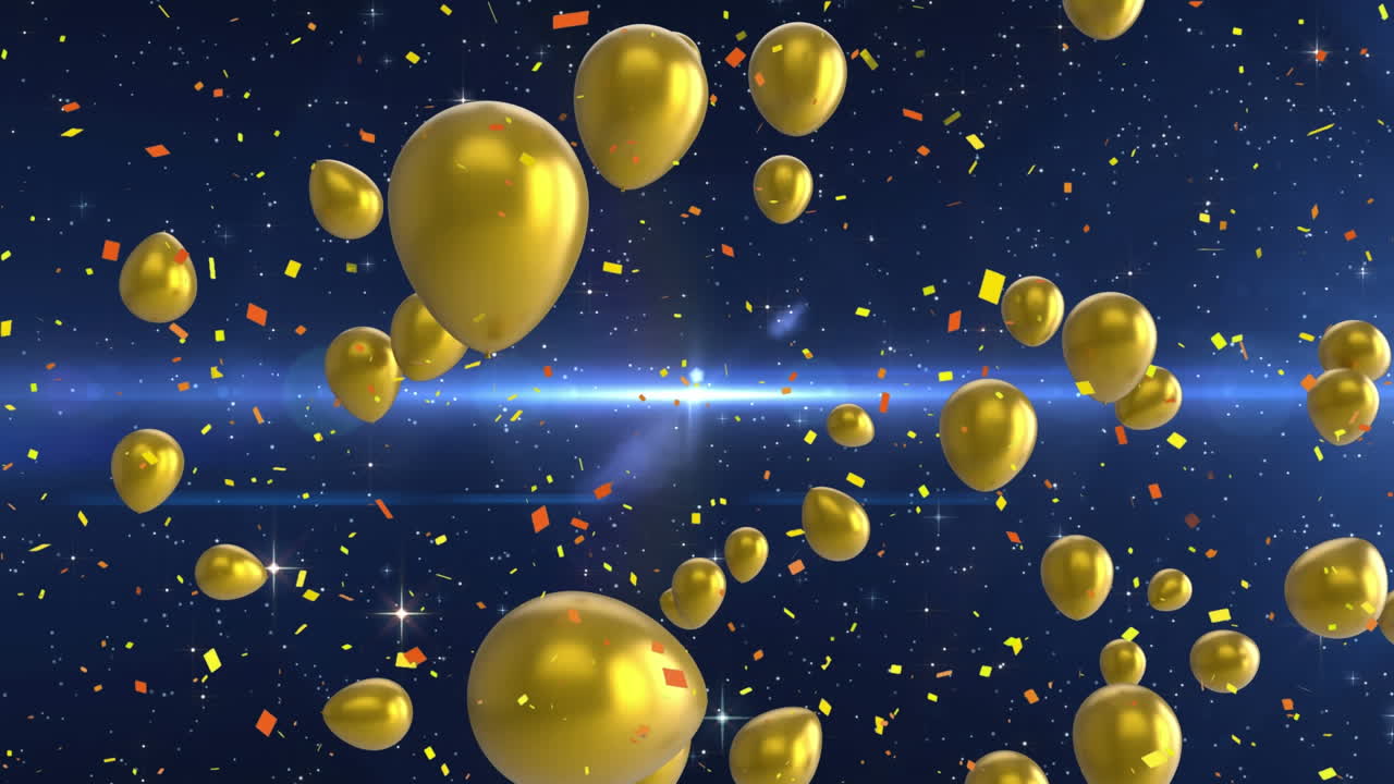 animación de confeti cayendo y globos de oro volando sobre un fondo azul