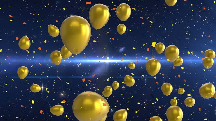Animation of confetti falling and gold balloons flying on blue background