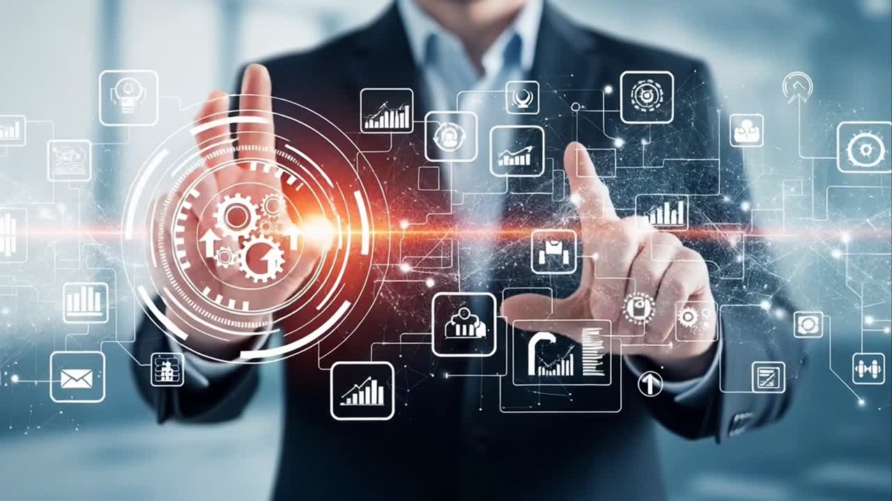 Businessman Using a Virtual Interface to Manage Process Automation and Workflow Optimization