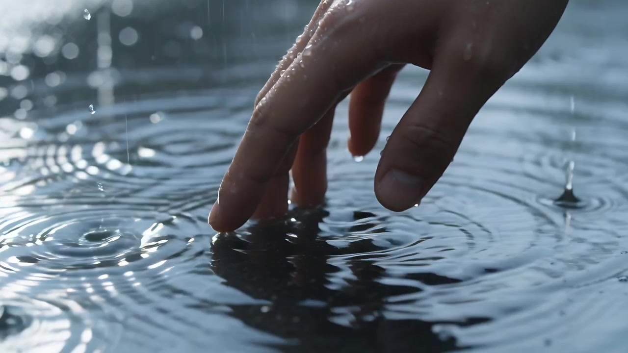 Touching adult right hand exploring ripples on puddle at outdoor close-up, with falling raindrops