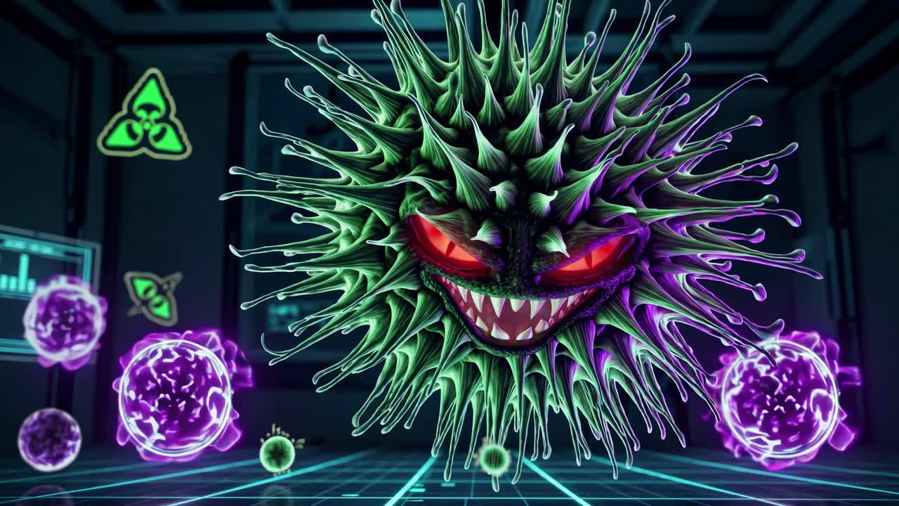 Aggressive virus with glowing red eyes and sharp teeth attacking healthy cells, biohazard symbols and futuristic interface in the background suggest a cyberpunk laboratory setting