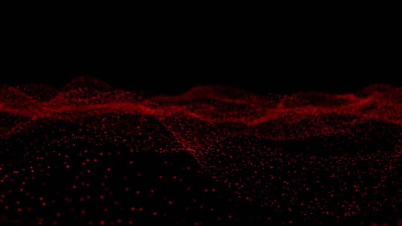 Abstract red particle waves on black background. Glowing digital particles form an undulating surface, ideal for scientific, technological, or abstract backgrounds. Seamless loop