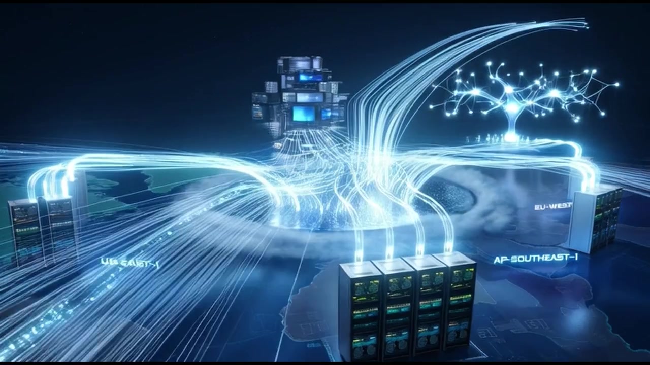 Rete dati globale che connette cluster di server con flusso di informazioni digitali
