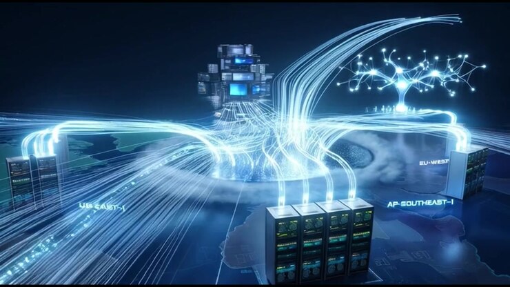 Rete dati globale che connette cluster di server con flusso di informazioni digitali