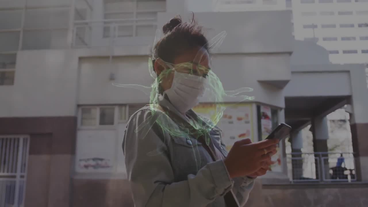 animación de células de covid-19 que se mueven sobre una mujer con máscara facial