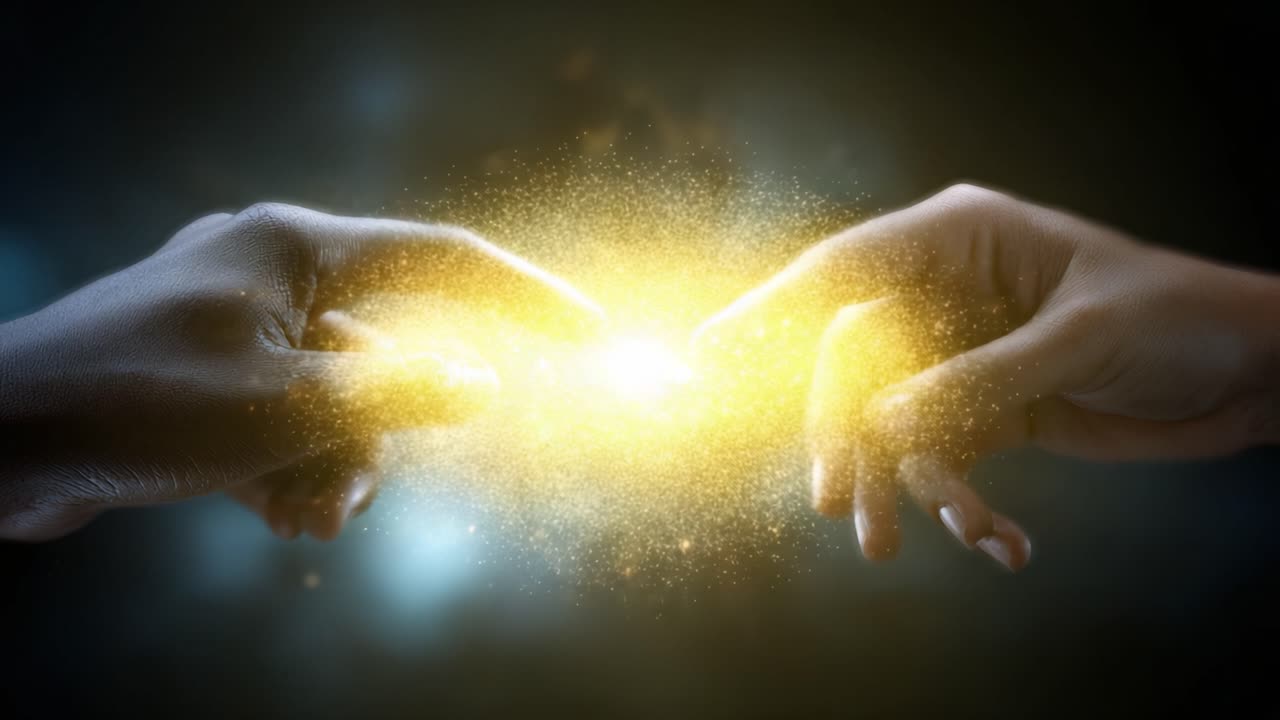 Representación dramática de dos manos que se alcanzan, rodeadas por un brillo místico, que simboliza la conexión, la unidad y la chispa de la creación