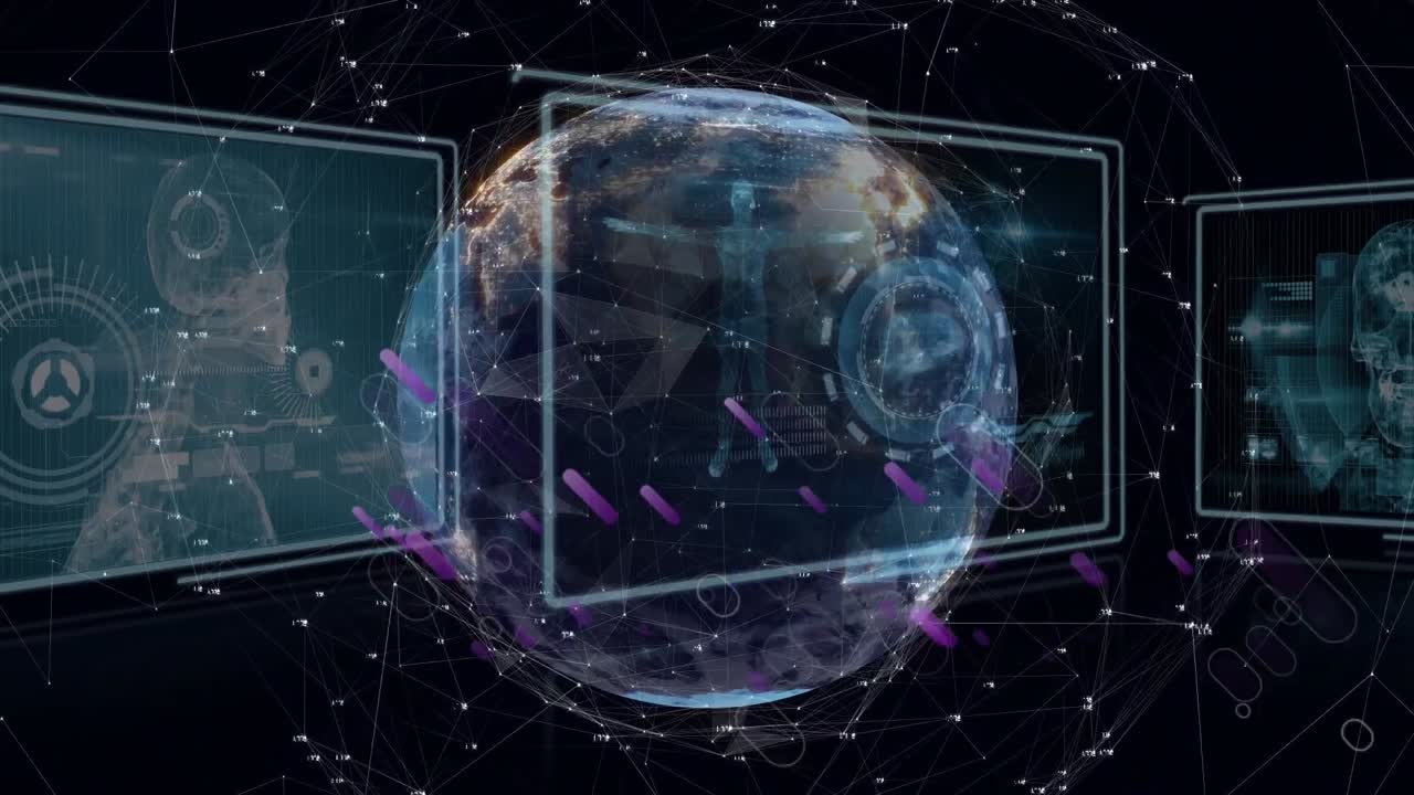 과학적 데이터와 함께 스크린 위에 회전하는 지구에 대한 보라색 모양의 애니메이션