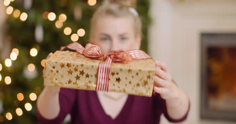 young woman showing her christmas gift at home