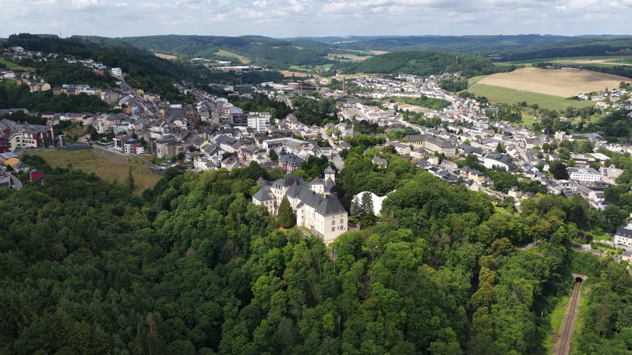 Wiltz Castle, architecture, history, museums, and cultural events. Luxembourg. Aerial view