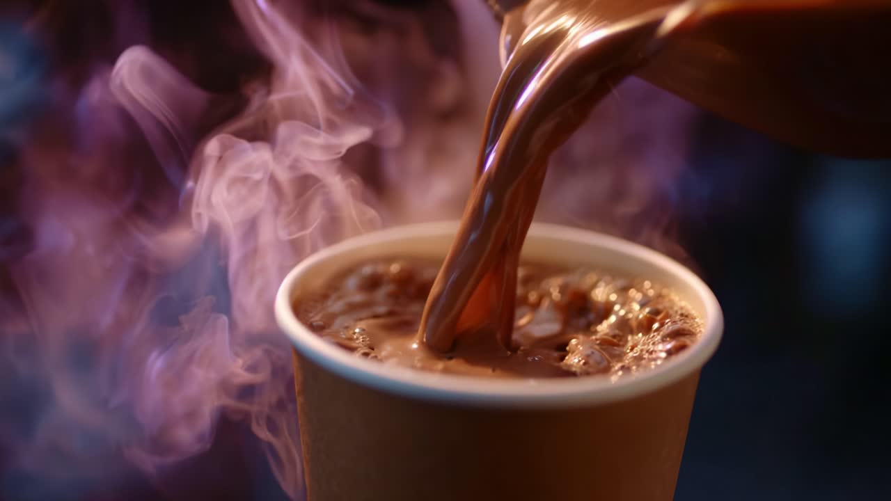 Un momento accogliente: cioccolata calda densa e fumante versata in una tazza, che crea un aroma invitante e una sensazione di calore, perfetta per le giornate fredde o le serate rilassanti