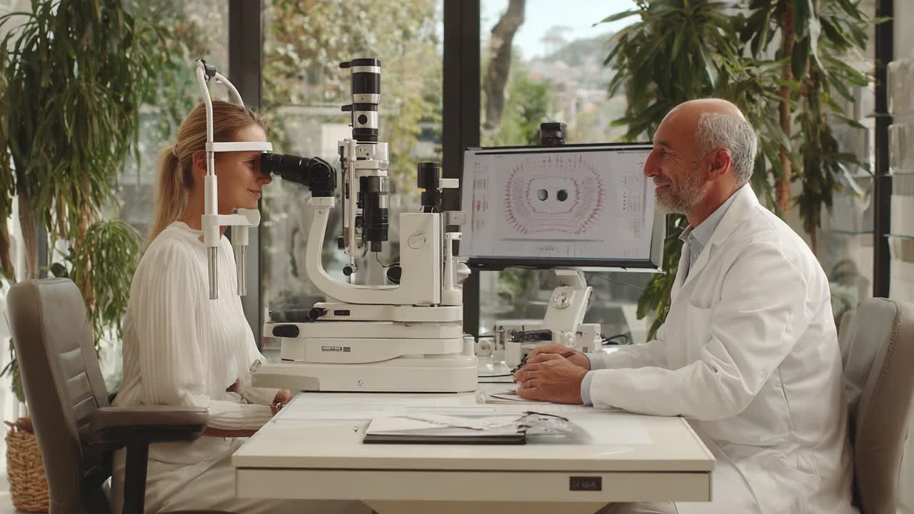 A Professional Eye Examination: An Optometrist and Patient Engaged in an Eye Test Using Advanced Optical Equipment in a Modern Clinic Setting