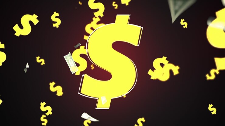 Simboli del dollaro USA e molte banconote volanti, generate al computer. Sfondo di denaro con rendering 3D. Concetto di successo aziendale.