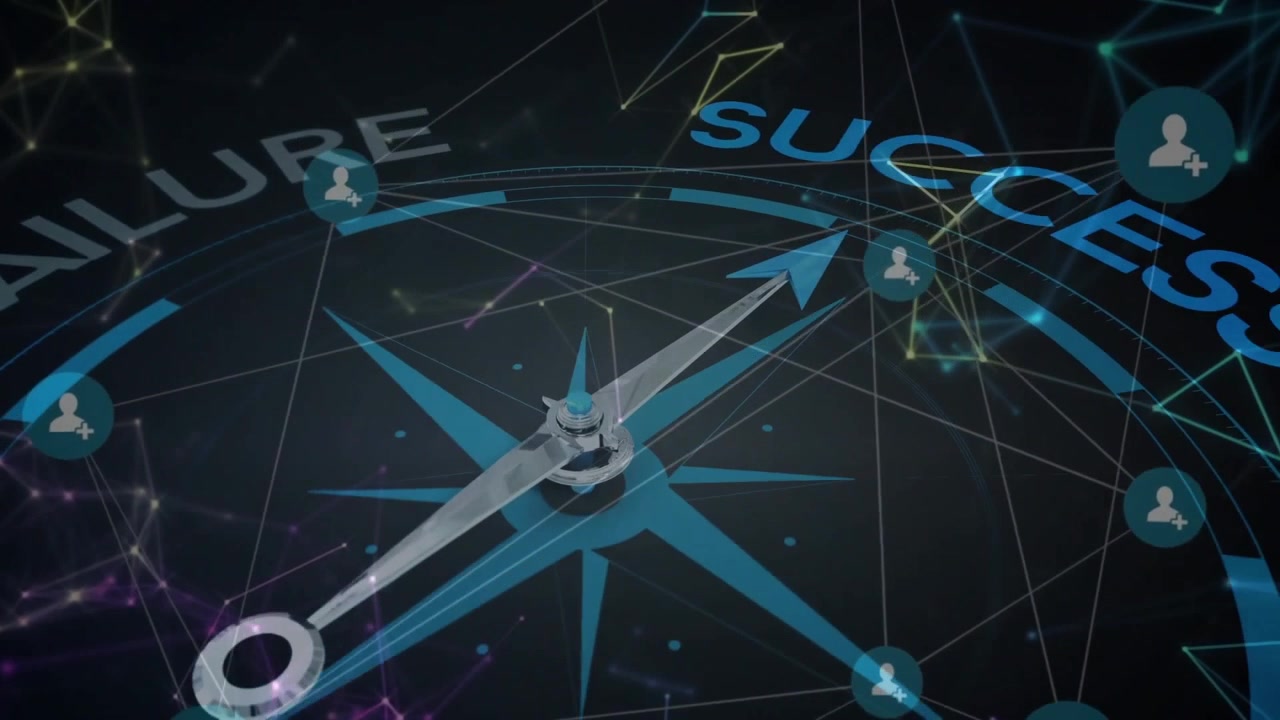 Initiating compass spin, needle moving clockwise shifting glowing icons marking failure to success
