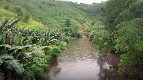 Tropical-river-with-Banana-plantation-during-rain-season-in-the-jungle-of-Sumbawa-Island,-Indonesia