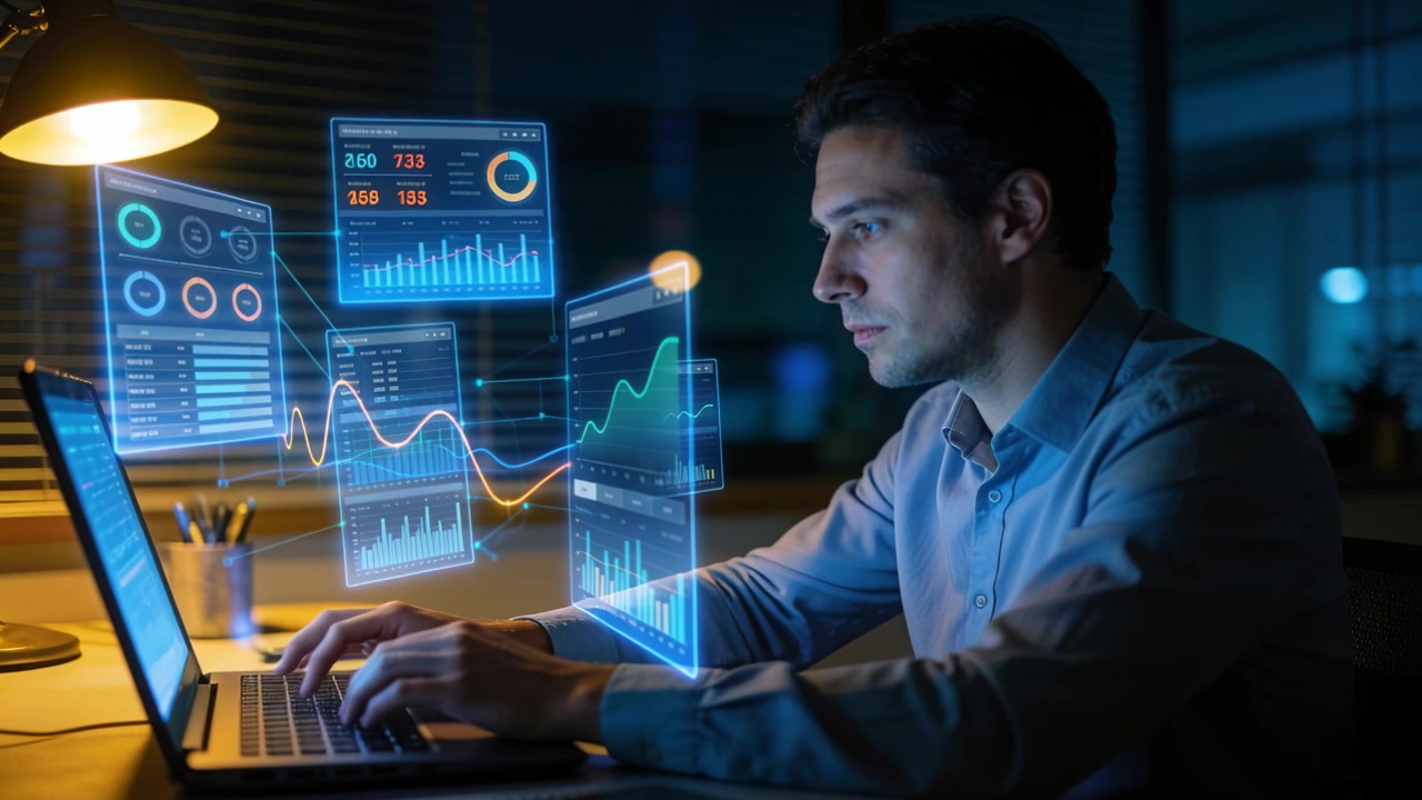 Reacting to data updates, shirted man typing and checking laptop panels at office night, copy space