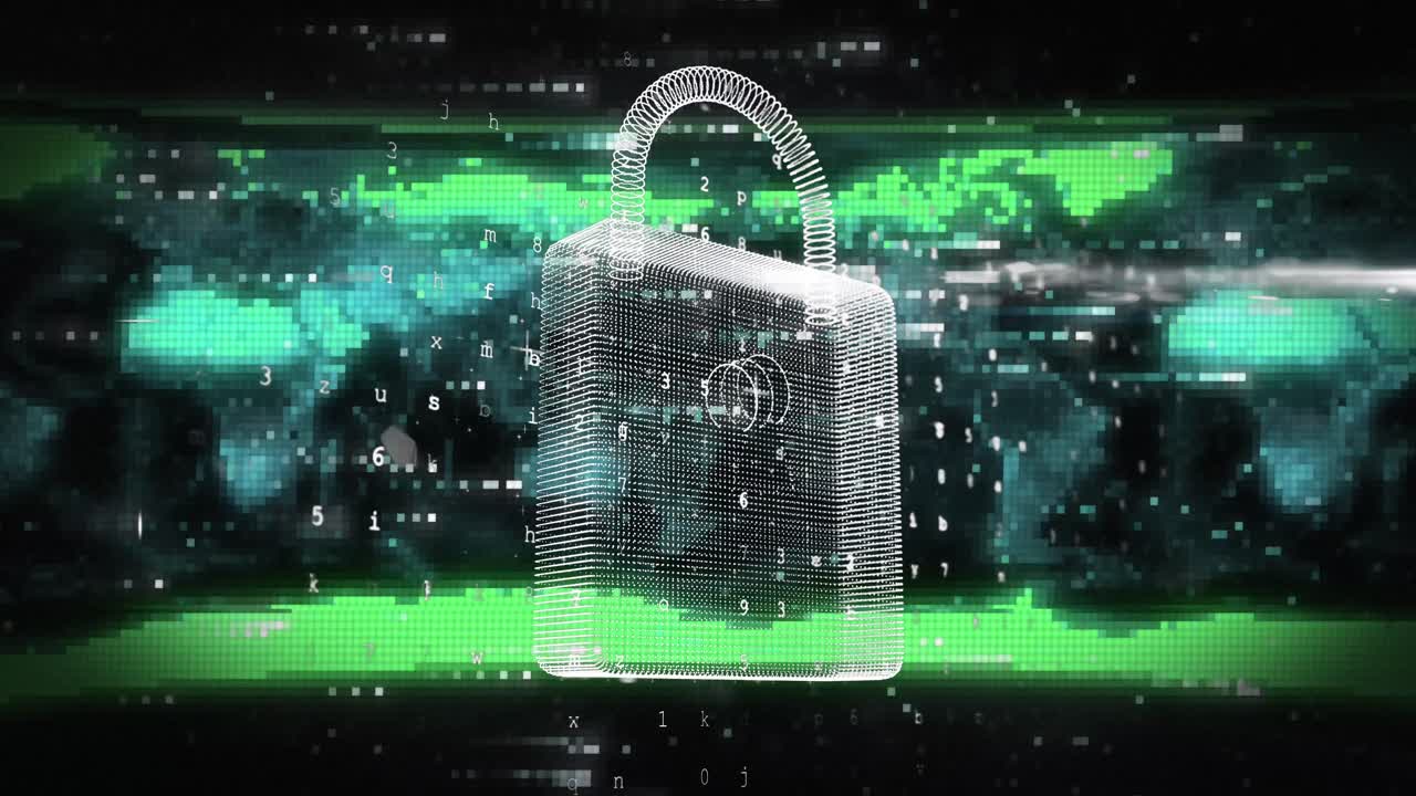 animación del icono del candado y procesamiento de datos sobre el mapa del mundo sobre fondo negro