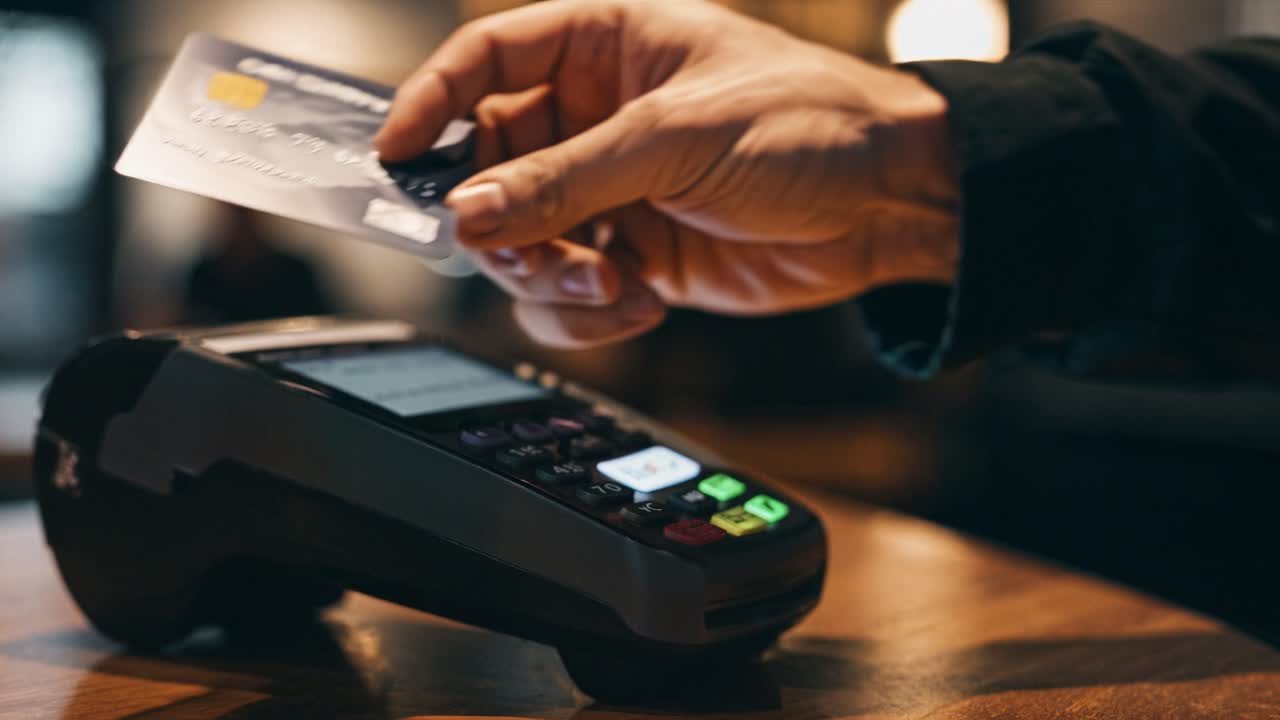 Contactless payment in restaurant setting, customer utilizing credit card with NFC technology at point of sale terminal for quick, secure transaction