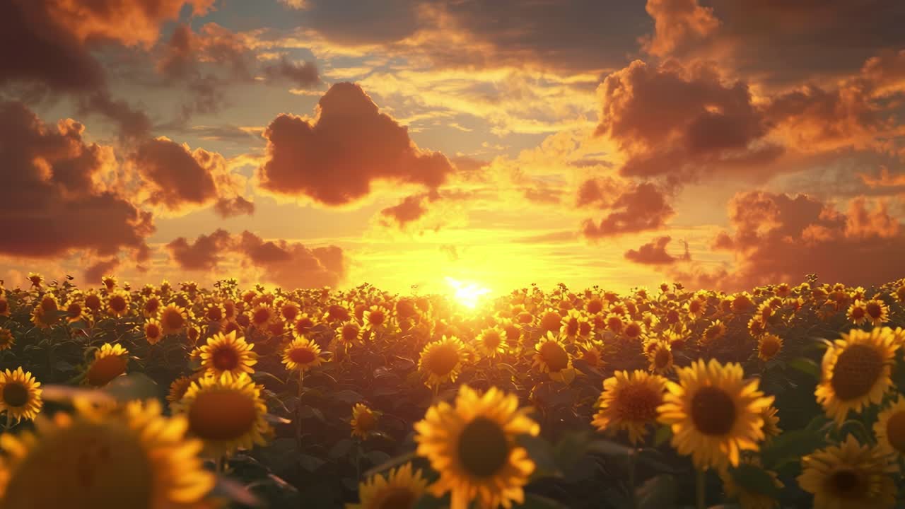 A wide-angle shot captures a sunflower field at sunset, with dramatic clouds and warm hues
