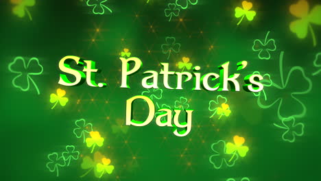 animatie close-up st patricks dag tekst en beweging kleine groene klavers op heilige patrick dag glanzende achtergrond 1