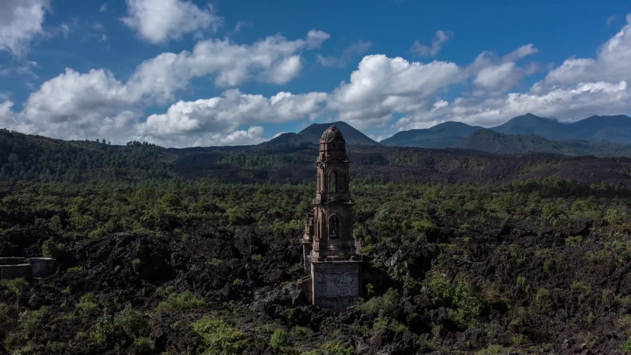 HYPERLAPSE OF PARICUTIN CHURCH NEAR VOLCANO IN MICHOACAN