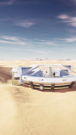 Giant round glass edifice amidst a sandy expanse