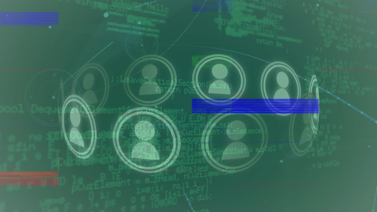 animación de la red de conexiones con personas iconos y fallo sobre la cuadrícula