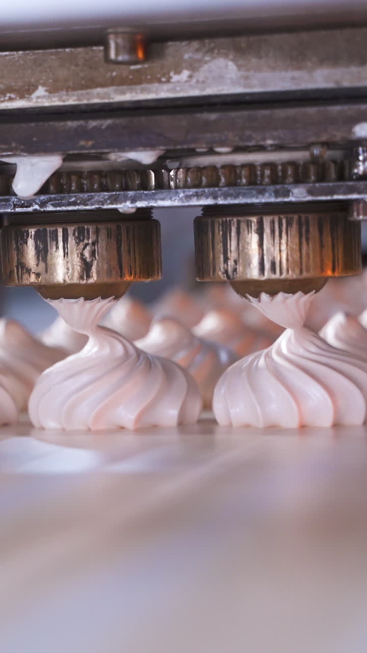 Close-up of nozzles for automated forming of twisted marshmallows. Conveyor belt at a confectionery factory. Vertical video