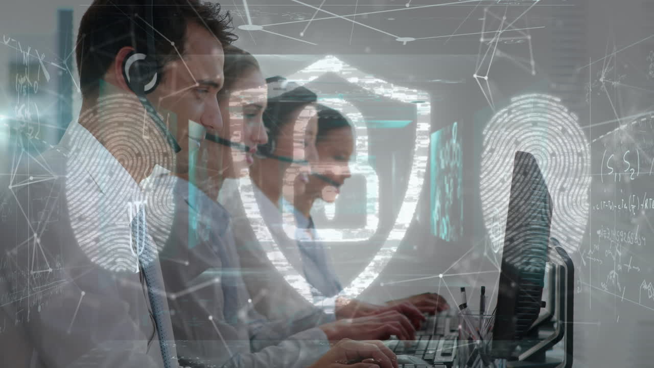 animazione del lucchetto di sicurezza e della rete di connessioni sugli uomini d'affari