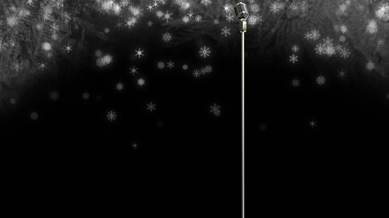 어두운 배경에 마이크 위에 내리는 눈의 애니메이션