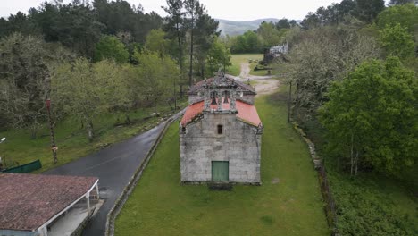 Church-of-San-Amaro-das-Regadas,-Beade,-Ourense,-Galicia---aerial-panorama