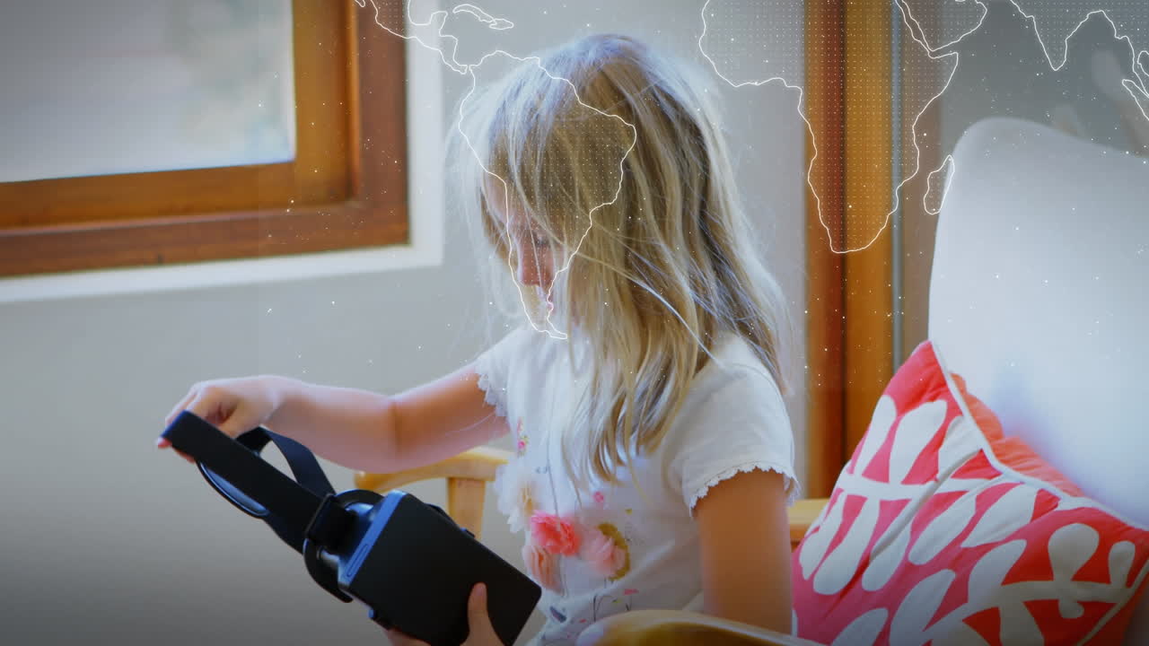 Animation of data processing with world map over girl using vr headset