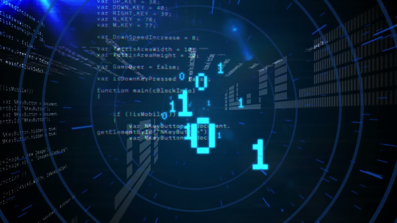 Animation of data processing and circles on black background