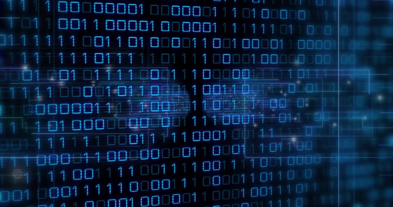 Subtle scrolling causing blue binary rows shifting right and grid pulsing representing data flow