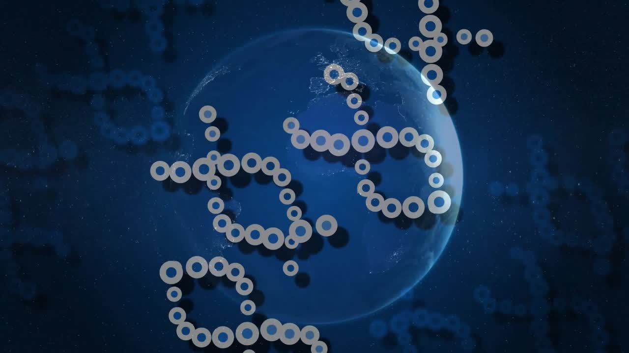 Läpikuultavia rengasrykelmiä leijailee ylhäältä, samalla kun Maa pyörii pulssimaisesti visualisoivat datan kiertoratoja