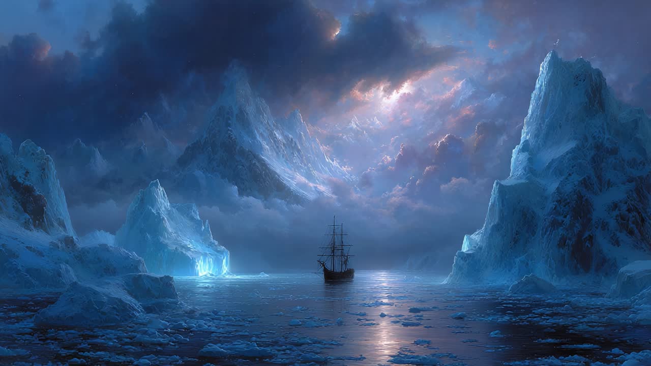 Un maestoso paesaggio di ghiaccio al crepuscolo con una nave a vela che scivola attraverso acque tranquille, circondata da imponenti ghiacciai e nuvole enigmatiche che riflettono una luce fioca