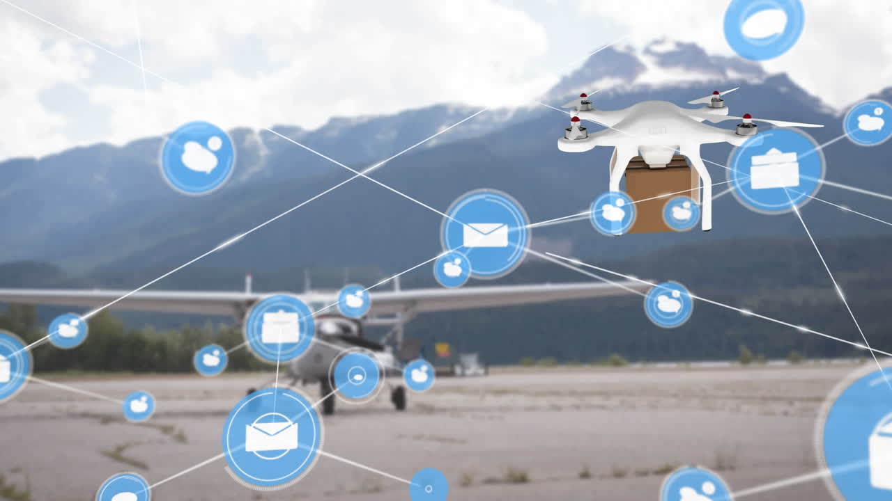 animación de iconos conectados, drone volador que lleva caja y avión estacionado contra la montaña y el cielo