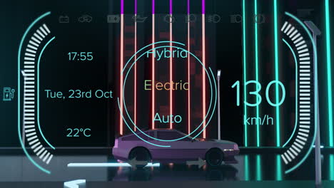 Animation of digital interface with charging text over electric car driving