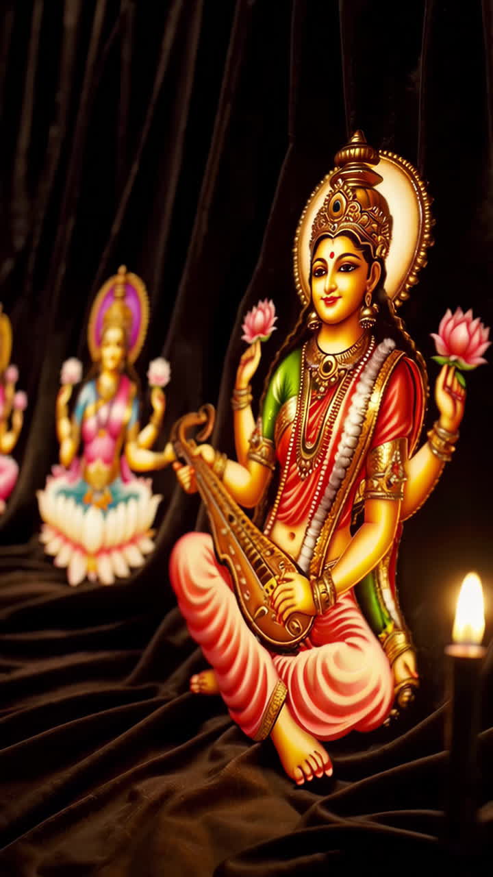 Hindu Goddesses Saraswati, Lakshmi, and Vishnu