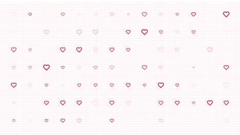 hearts animation loop. seamless pattern background. small red and white hearts slowly blink on grid. white backdrop