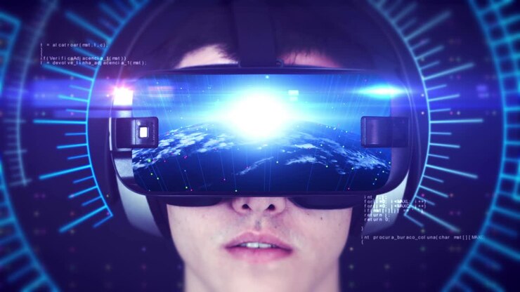 Young man wearing VR headset and experiencing 3D virtual reality. Seamless Loop
