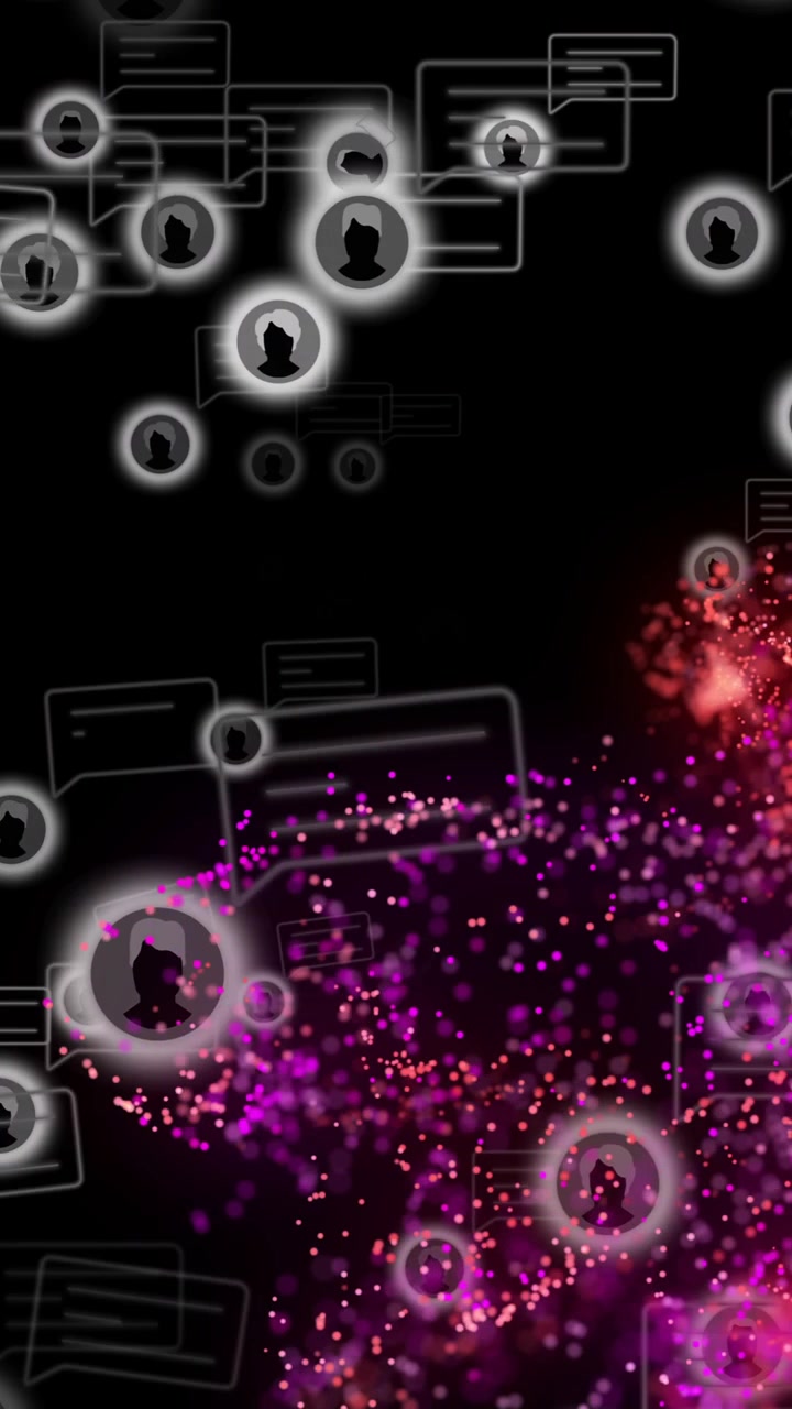 Animation of digital communication icons with glowing particles forming network on black backdrop