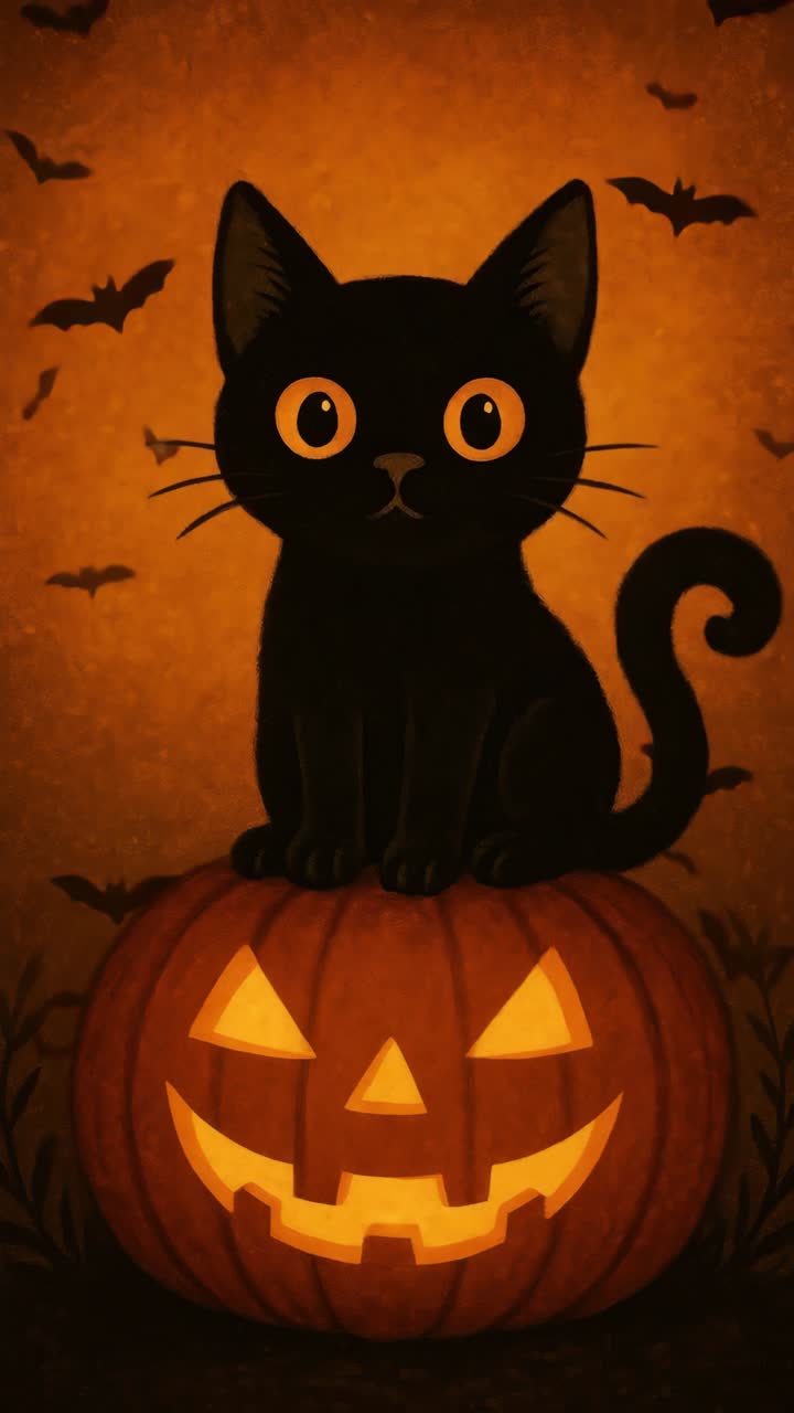 A whimsical Halloween scene with a black cat on a carved pumpkin, surrounded by bats