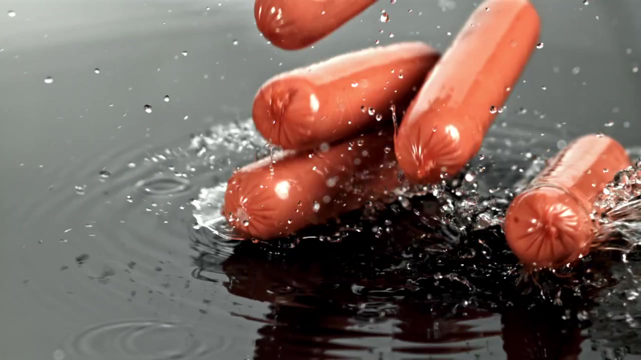 Più hot dog che schizzano nell'acqua al rallentatore