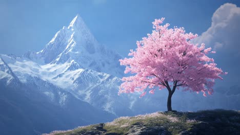 pink cherry blossom tree against snowy mountain